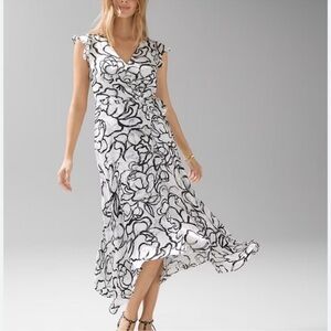 White House Black Market Black and White Satin Lined Surplice Floral MIDI Dress